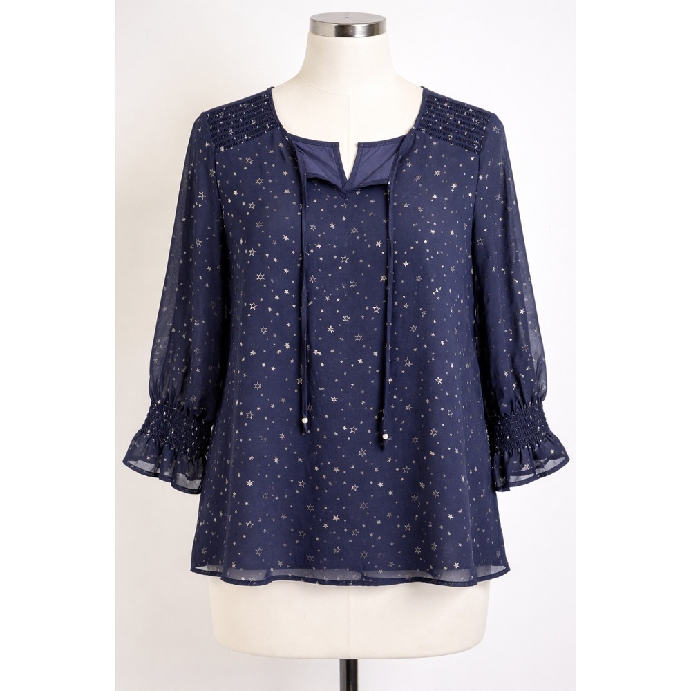 Dressbarn L Navy Blue Silver Star Print Chiffon Blouse Lined Tie Neck Celestial